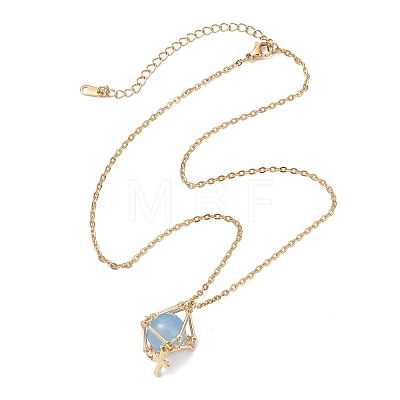 Brass Macrame Pouch Dyed Natural Blue Agate Inside & 304 Stainless Steel Pendant Necklaces for Women NJEW-JN05607-01-1
