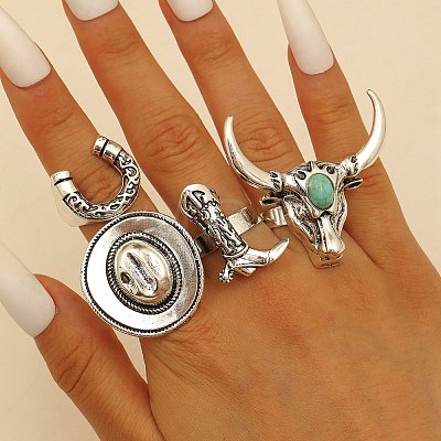 4Pcs Synthetic Turquoise Cuff Open Rings RJEW-P179-03AS-1