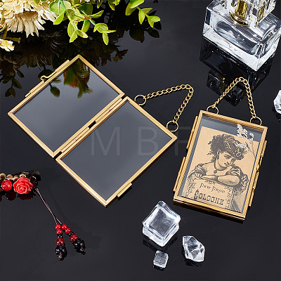 Rectangle Mini Brass Wall Hanging Photo Frame for Pressed Flower with Chain ODIS-WH0061-05AG-1