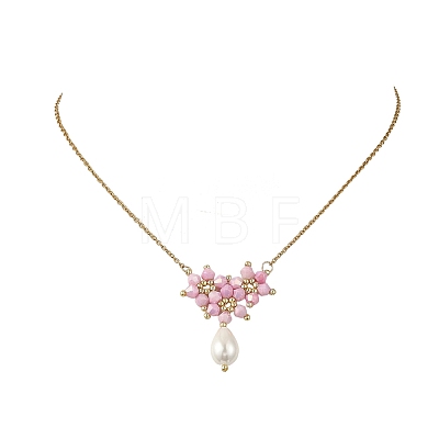 Electroplate Glass Beaded Flower Teardrop Pendant 304 Stainless Steel Cable Chain Necklaces NJEW-MZ00156-01-1