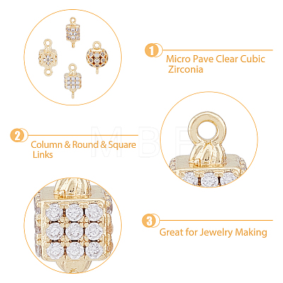 8Pcs 4 Styles Brass Micro Pave Clear Cubic Zirconia Connector Charms KK-DC0003-36-1