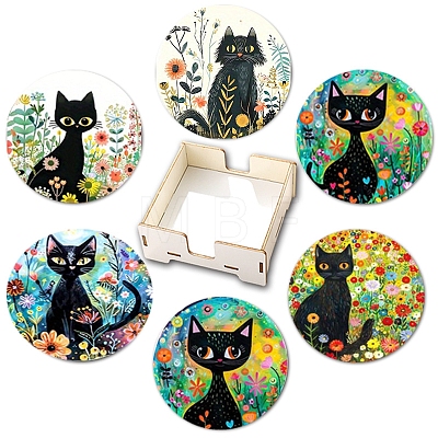 Cat Pattern Wooden Cup Coasters PW-WGCEA00-02-1