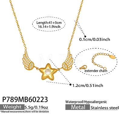 304 Stainless Steel Pave Clear Cubic Zirconia Star with Angel Wings Pendant Necklaces for Women WGBF81E-01-1
