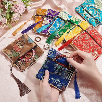 16Pcs 8 Colors Chinese Brocade Tassel Zipper Jewelry Bag Gift Pouch ABAG-HY0001-02-1