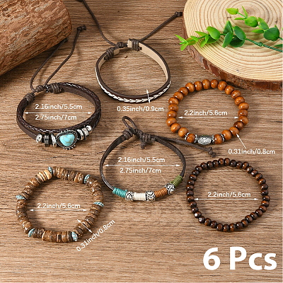 6Pcs 6 Styles Wood & Synthetic Turquoise & Alloy Beaded Stretch Bracelets & Braided Bracelets for Women BJEW-CL0001-60-1