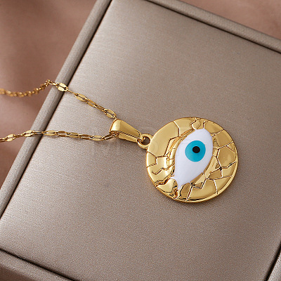Vintage 304 Stainless Steel Enamel White Evil Eye Pendant Necklaces for Women QI8338-1