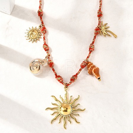 Summer Beach 304 Stainless Steel & Electroplated Natural Shell Pendant Adjustable Polyester Cord Necklaces for Women NJEW-F348-01D-G-1