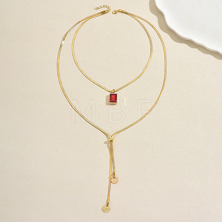 Adjustable 304 Stainless Steel Pave Cubic Zirconia Red Rectangle Pendant Double Layer Lariat Necklaces for Women TF2778-1