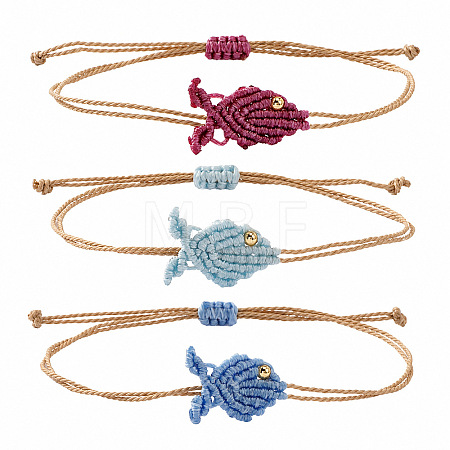 Ocean Adjustable Braided Wax Cord Fish Link Bracelet Sets with Brass Beads for Women XU5174-10-1