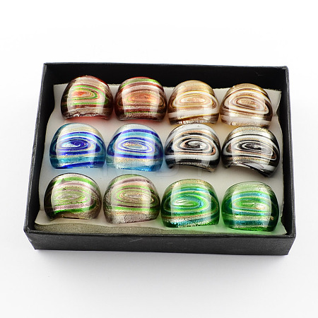 Handmade Gold Sand and Silver Foil Lampwork Wide Band Rings RJEW-Q150-M15-B-1