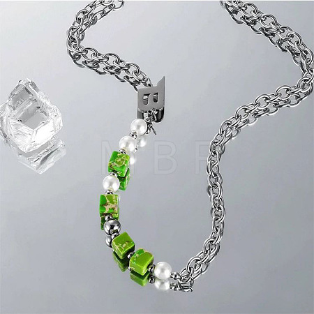 Letter B and Acrylic Lime Green Cube Beaded 201 Stainless Cable Chain Necklaces FS-WG7DFDB-01-1