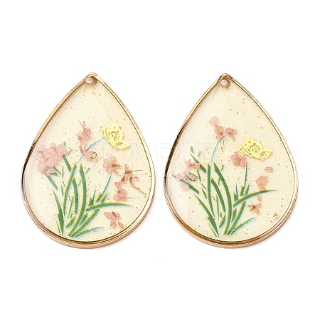 Brass & Transparent Epoxy Resin & Dried Flower Pendants RESI-G133-02G-01-1