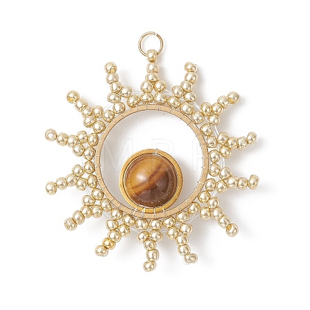 Round Natural Tiger Eye with Glass Seed Beaded Sun Pendants PALLOY-MZ01082-02-1