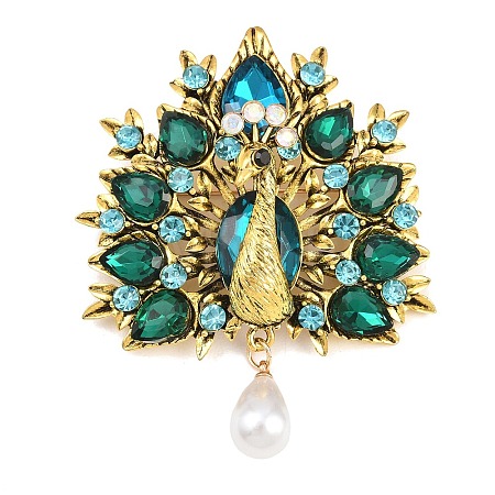 Peacock Alloy & Rhinestone & Plastic Pearl Brooches JEWB-G047-05AG-1