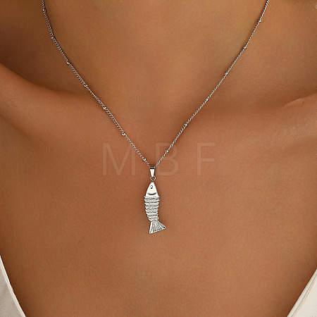 Summer Bach 304 Stainless Steel Fish Pendant Satellite Chain Necklaces for Women NJEW-F373-02P-1