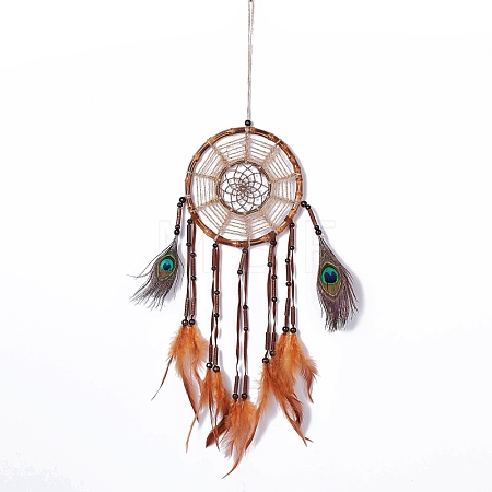 Native Style Bamboo Ring Woven Net/Web with Feather Boho Wall Hanging Decoration HJEW-A001-07-1