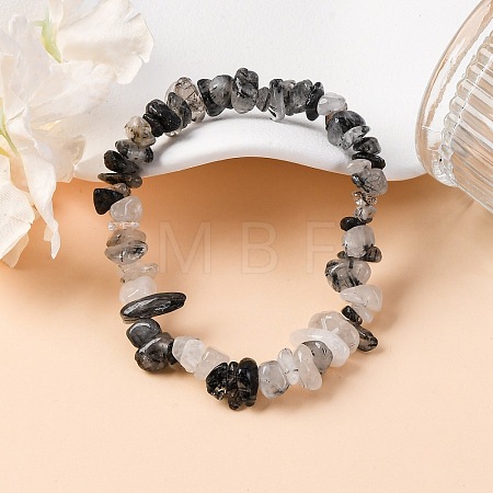 Natural Tourmalinated Quartz/Black Rutilated Quartz Stretch Bracelets X-BJEW-JB03681-01-1