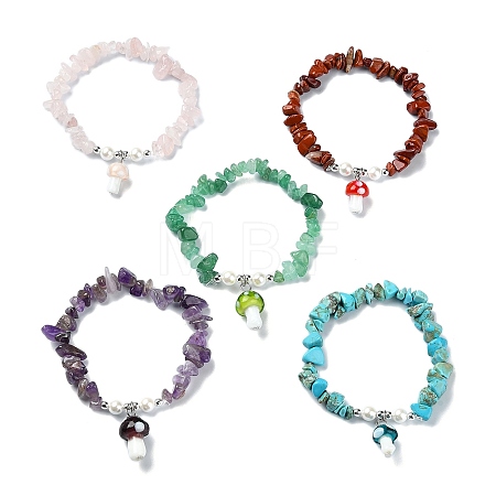 Gemstone Chip & Shell Pearl Beaded Stretch Bracelets BJEW-JB10914-1