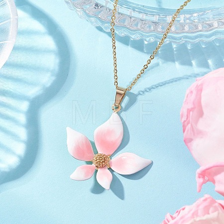 Pink Flower 304 Stainless Steel Enamel Pendant Cable Chain Necklaces for Women NJEW-JN05999-1