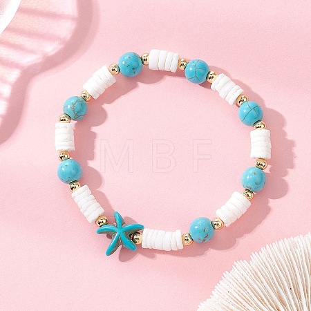 Natural White Shell & Synthetic Turquoise Beads Stretch Bracelets for Women BJEW-JB13477-02-1