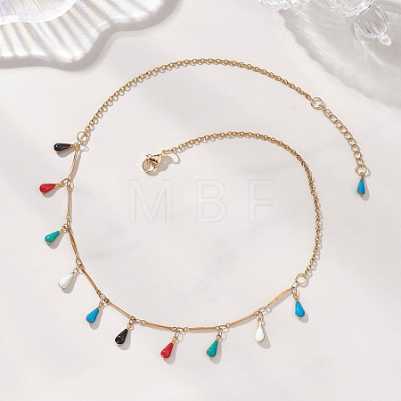 304 Stainless Steel Enamel Colorful Teardrop Tassel Bib Necklaces for Women NJEW-JN05769-1