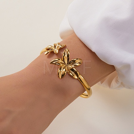 304 Stainless Steel Flower Cuff Bangles for Women BJEW-Z157-02G-02-1