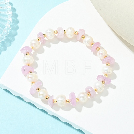 Natural Kunzite Chips & Round Cultured Freshwater Pearl Beaded Bracelets for Women BJEW-JB14004-1