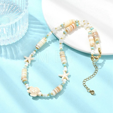 Ocean Starfish Turtle Dyed Synthetic Turquoise & Natural Amazonite & Rose Quartz & Shell Heishi Beaded Necklaces for Women NJEW-JN06096-1