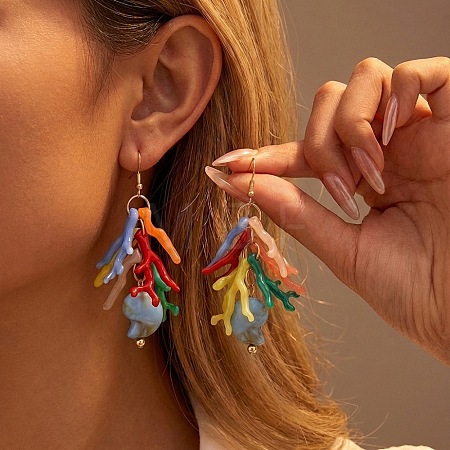Alloy Resin Conch Shape & Coral Dangle Earrings for Women WGCFA9C-04-1