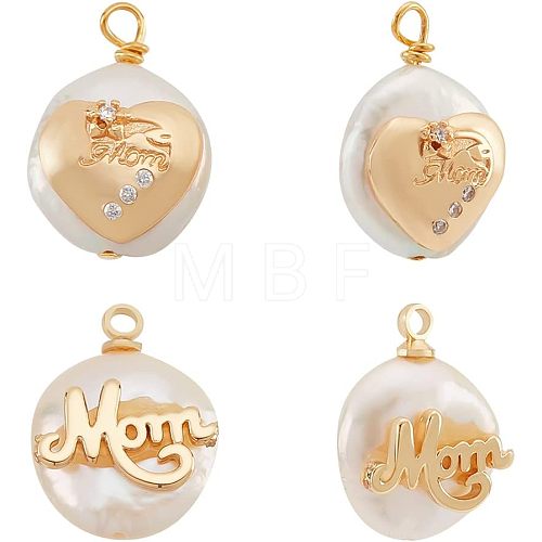  4Pcs 2 Styles Mother's Day Theme Natural Cultured Freshwater Pearl Pendants PEAR-NB0001-82-1