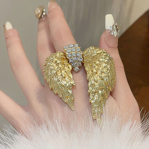 Wing Alloy Rhinestone Adjustable Rings for Women RJEW-K277-04G-1