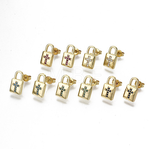 Brass Micro Pave Cubic Zirconia Padlock Stud Earrings EJEW-N011-29-NF-1
