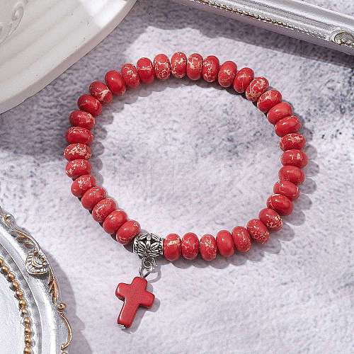 Synthetic Imperial Jasper Beads & Turquoise Cross Stretch Bracelets for Women Men BJEW-JB11382-02-1