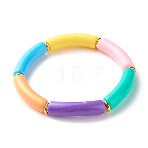 Candy Color Chunky Acrylic Curved Tube Beads Stretch Bracelet for Girl Women BJEW-JB07297-01-1
