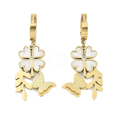 Left and Right Clover & Texture Butterfly 304 Stainless Steel Shell Dangle Earrings EJEW-L283-075G-1