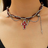 Vintage Alloy Cross Pendant Imitaiton Leather Double Layer Choker Necklaces with Punk Spike Tassel for Women WG01279-01-1
