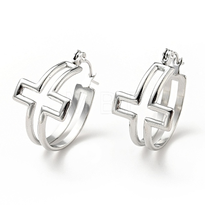 Non-Tarnish 304 Stainless Steel Cross Hoop Earrings for Women EJEW-G293-02P-1