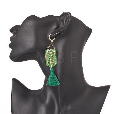 Glass Seed Hexagon with Cotton Tassel Dangle Leverback Earrings EJEW-MZ00045-1