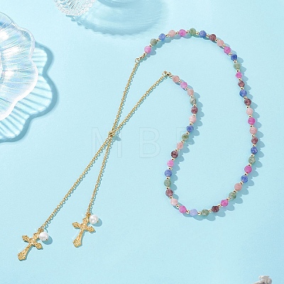 Natural Colorful Tourmaline Dice Beaded Lariat Necklaces NJEW-JN05912-1
