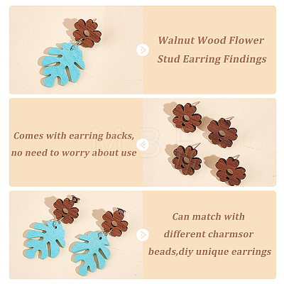 Unicraftale 30Pcs Walnut Wood Flower Stud Earring Findings STAS-UN0045-64-1
