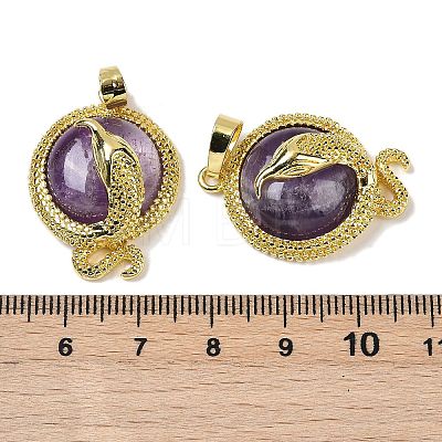 Natural Amethyst Flat Round Shaped Brass Pendants KK-F887-03G-24-1