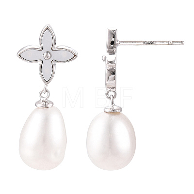 Drop Clover Natural Pearl & Shell Dangle Stud Earrings EJEW-T047-01P-1