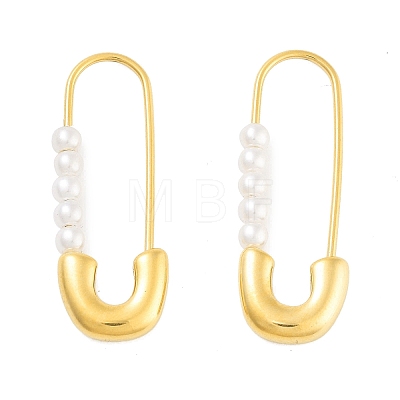 Ion Plating(IP) 304 Stainless Steel & Plastic Imitation Pearl Safety Pin Hoop Earrings for Women EJEW-C096-05G-1