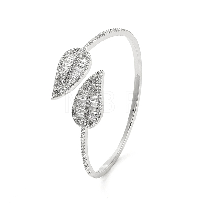 Clear Cubic Zirconia Double Leaf Open Cuff Bangle BJEW-F445-10P-1