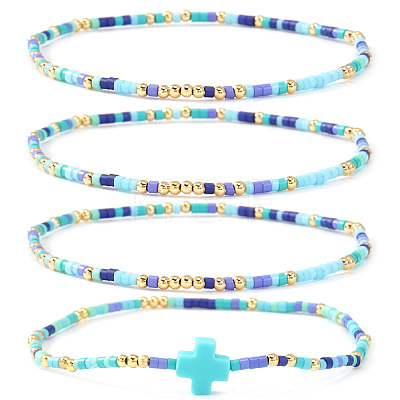 4Pcs Vintage Cylinder Seed Beads &  Brass Beaded Bracelet Sets VC6317-8-1
