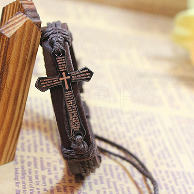 Adjustable Cross with Word Iron Braided Leather Cord Bracelets BJEW-P0001-02A-1