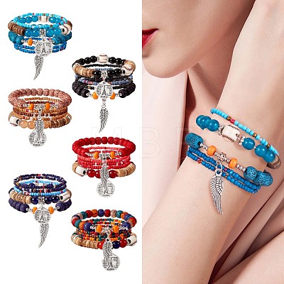 5Pcs 5 Style Wood & Glass Seed & Acrylic Beaded Stretch Bracelets Set with Baseball JB709F-1