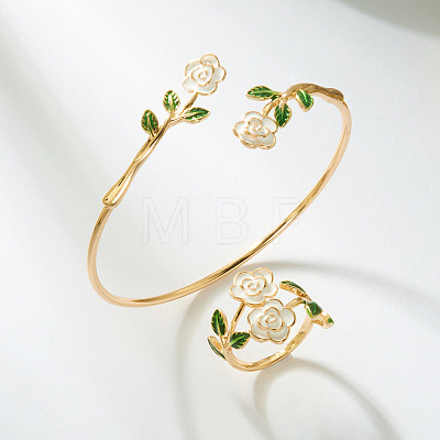 Camellia Flower Brass Enamel Cuff Bangles & Rings Sets for Women WGC9600-02-1