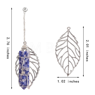 Natural Sodalite Bullet & Leaf Dangle Stud Earrings EJEW-PH01406-03-1