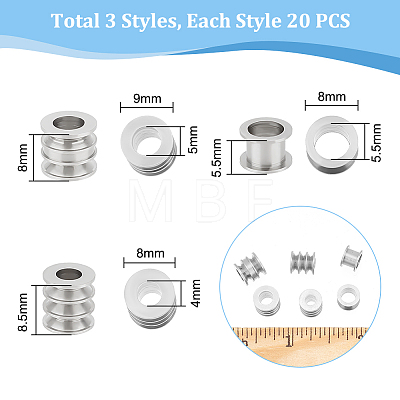 Unicraftale 60Pcs 3 Style 303 Stainless Steel European Beads STAS-UN0055-73-1